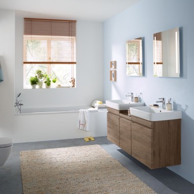 Porodično kupatilo sa svetlo plavim zidnim i hikori kupatilskim nameštajem, elementom sa ogledalom, tipkom za aktiviranje ispiranje i keramičkim elementima kompanije Geberit
